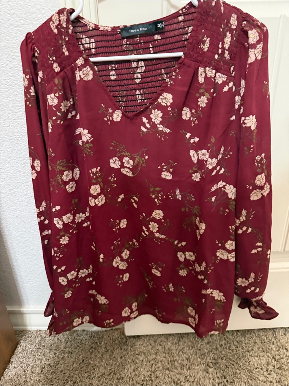 Doe & Rae Burgundy Floral V-Neck Smocked Blouse - Long Sleeve